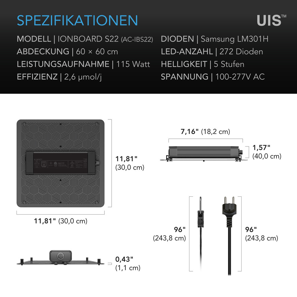 Vollspektrum LED Grow Light mit Samsung LM301H Dioden, maximale Lichtausbeute, für Wachstum und Blüte von Indoor-Pflanzen in Grow-Zelten und Gewächshäusern (60 x 60 cm)