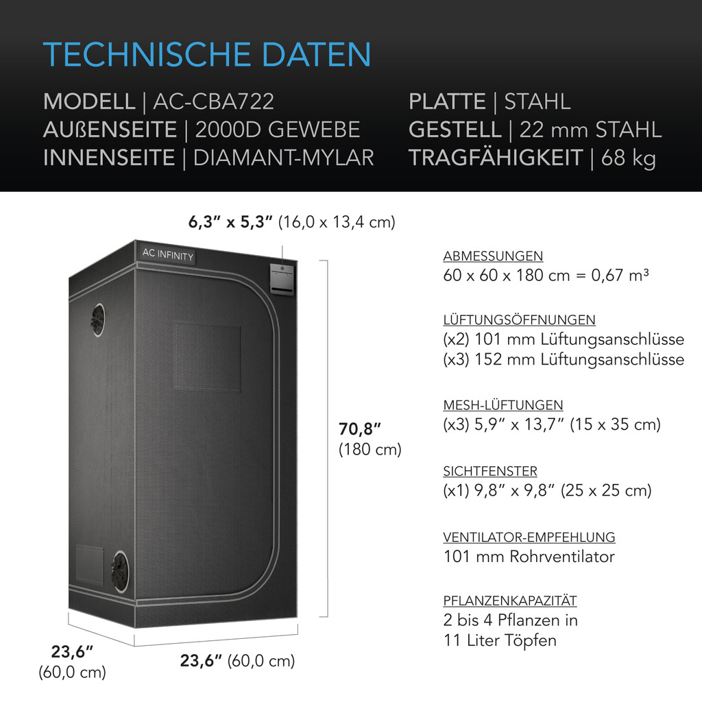 AC Infinity CLOUDLAB 722 Advance Grow Zelt, 60 x 60 x 180 cm, Dickste 22 mm Stangen, Besonders dichtes 2000D Diamant-Mylar-Gewebe, 60x60 cm für Hydroponik Indoor-Anbau