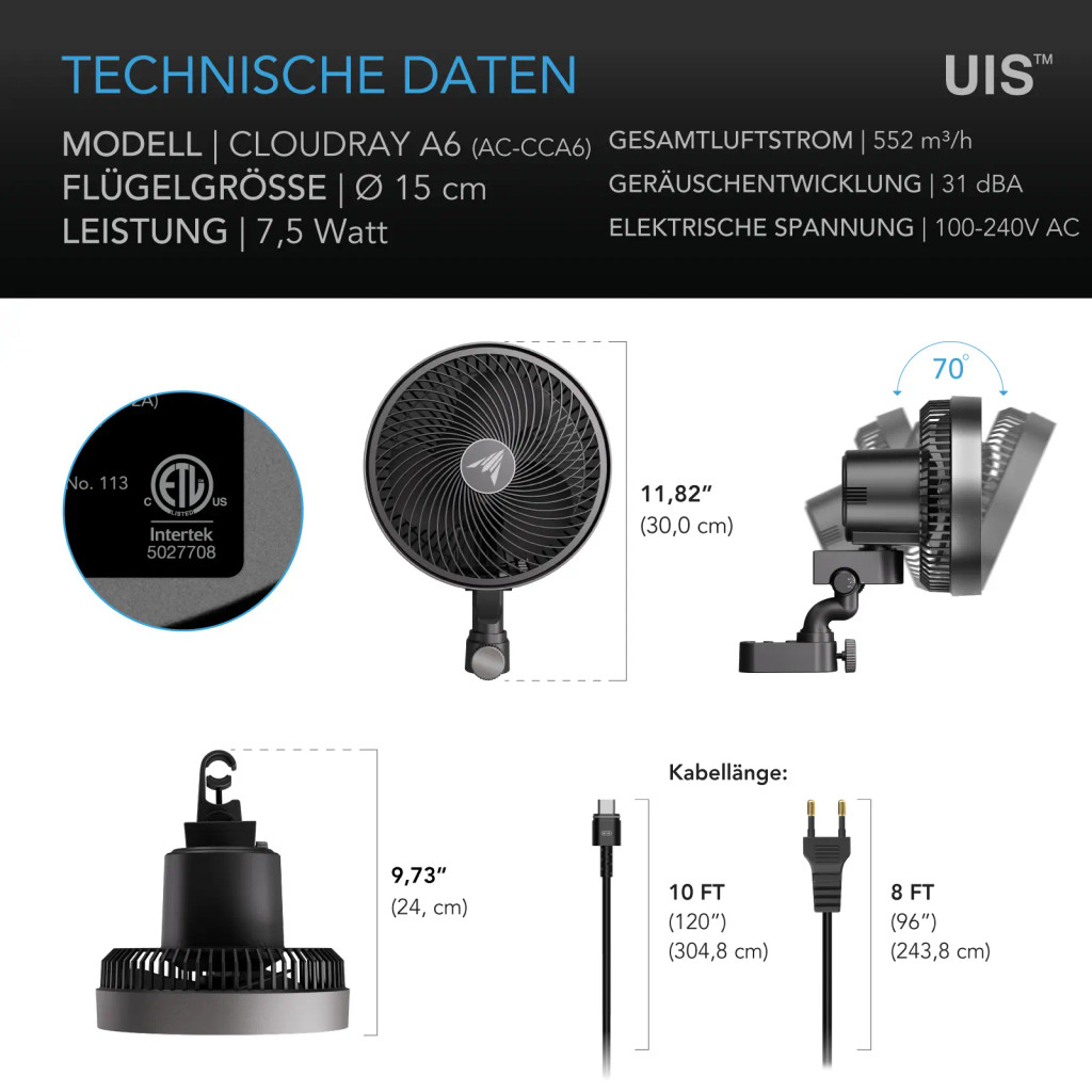 CLOUDRAY A6 – Growzelt‑Clip‑Ventilator 150 mm, EC‑Motor, 10‑stufige dynamische Windmodi und Lüftergeschwindigkeiten