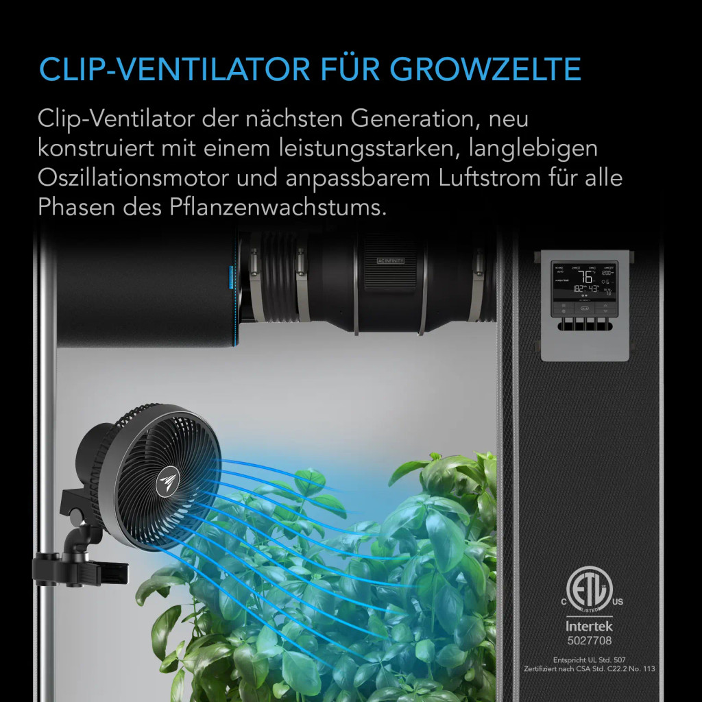 CLOUDRAY A9 – Growzelt‑Clip‑Ventilator 225 mm, EC‑Motor, 10‑stufige dynamische Windmodi und Lüftergeschwindigkeiten