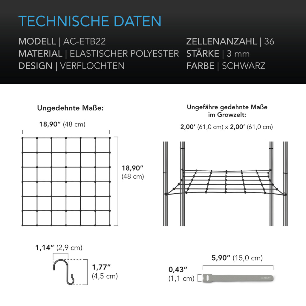 Grow Tent Trellis Netting, Flexible Elastic Cords, 2x2'