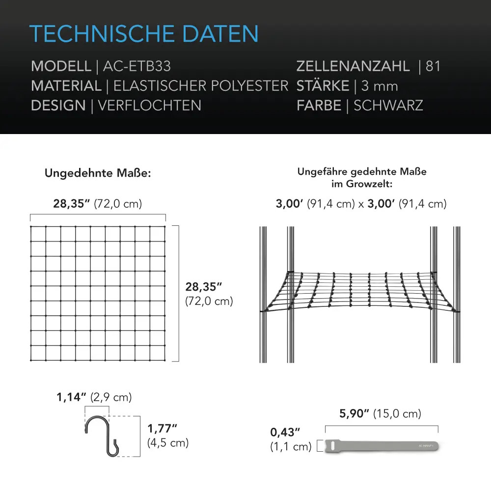 Grow Tent Trellis Netting, Flexible Elastic Cords, 3x3'