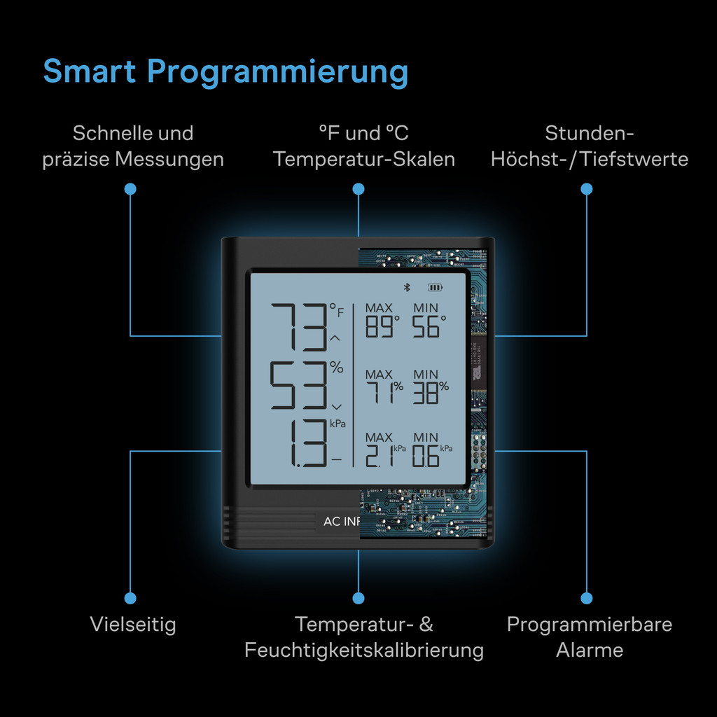 Temperatur-, Luftfeuchtigkeits- und VPD-Smart-Hygrometer B1 mit LCD-Display & Bluetooth App Monitor, Klimamessgerät Thermometer mit Fühler für Keller, Gitarrenzimmer, Grow Zelte, Gewächshäuser
