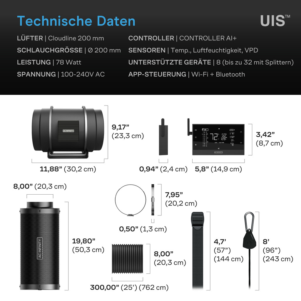 Industrieller Wandventilator, Inline-Lüfter, Filterset, Temperatur- & Feuchtigkeitsregler, 200 mm, WiFi