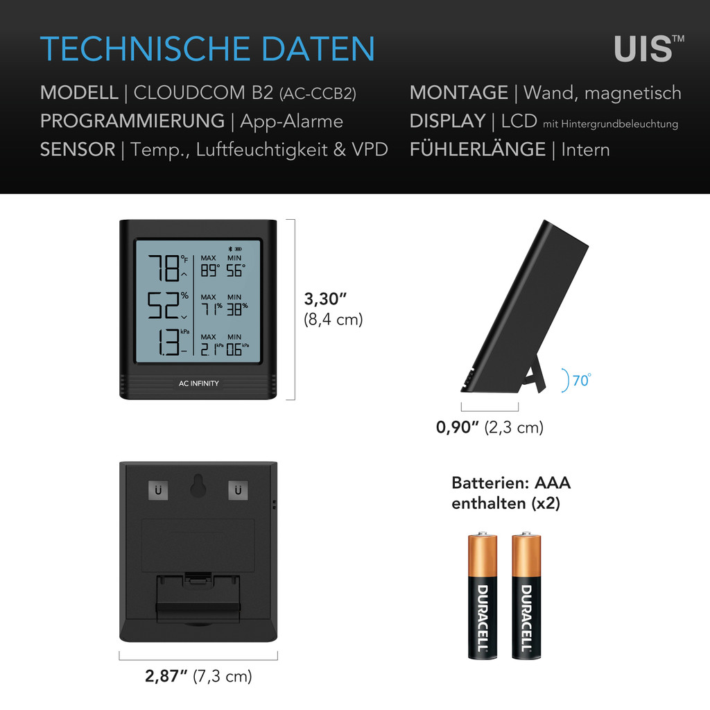 CLOUDCOM B2, Bluetooth Smart Hygrometer mit digitalem Temperatur- und Luftfeuchtigkeits-LCD-Display und Fernüberwachung per App, Klimamessgerät Thermometer für Keller, Gitarrenzimmer, Grow Zelte und Gewächshäuser