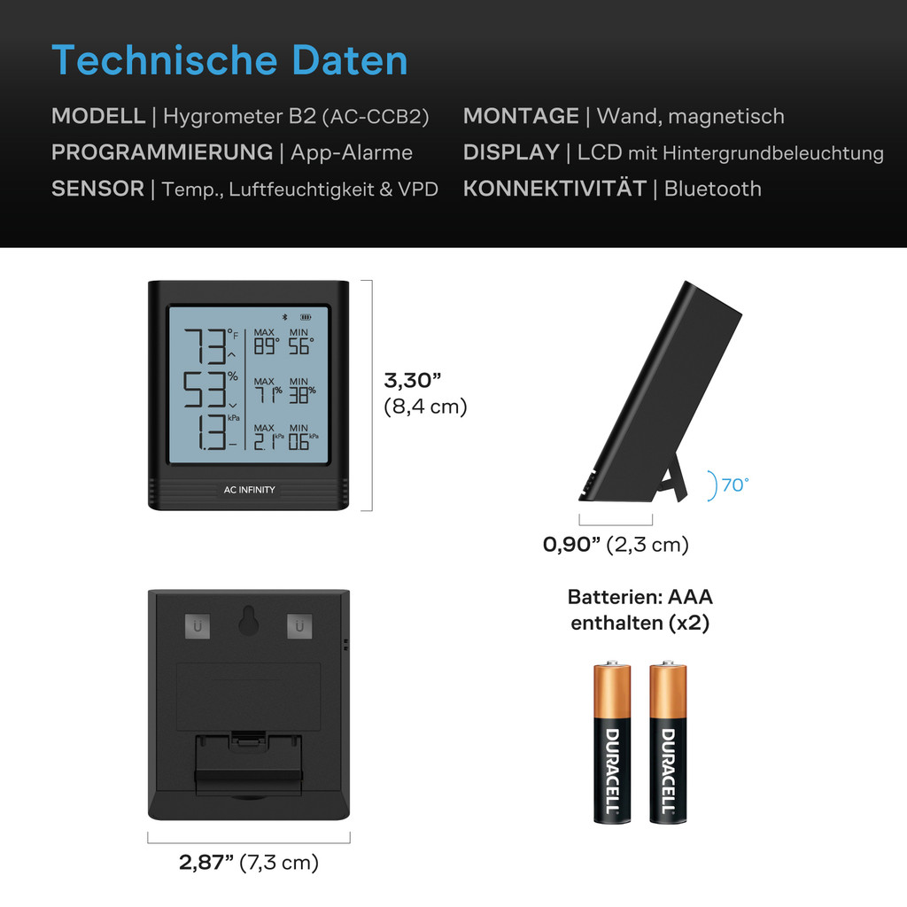 Bluetooth Smart Hygrometer B2 mit digitalem Temperatur- und Luftfeuchtigkeits-LCD-Display und Fernüberwachung per App, Klimamessgerät Thermometer für Keller, Gitarrenzimmer, Grow Zelte und Gewächshäuser