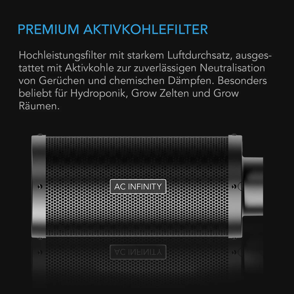 XL Aktivkohlefilter 100 mm für extra lange Luftwege und maximale Geruchskontrolle, Premium australische Aktivkohle, extragroßes Kohlebett, passend für Inline-Lüfter.