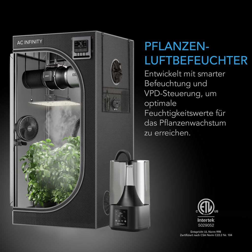 Luftbefeuchter für Pflanzen 4,5 l mit VPD-Feuchtigkeitsregelung, 10-stufigem Präzisionsverdampfer, ausziehbarem Schlauch und auslaufsicherer Dichtung für Grow-Zelte