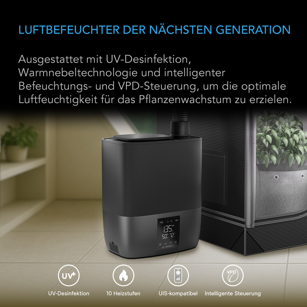 Warmnebel-Luftbefeuchter 9L mit VPD-Feuchtigkeitssteuerung, 10-stufiger Präzision, Heiß-/Kaltvernebler für alle Klimazonen, UV-Sterilisation, verlängerbarer Schlauch für Grow Zelte