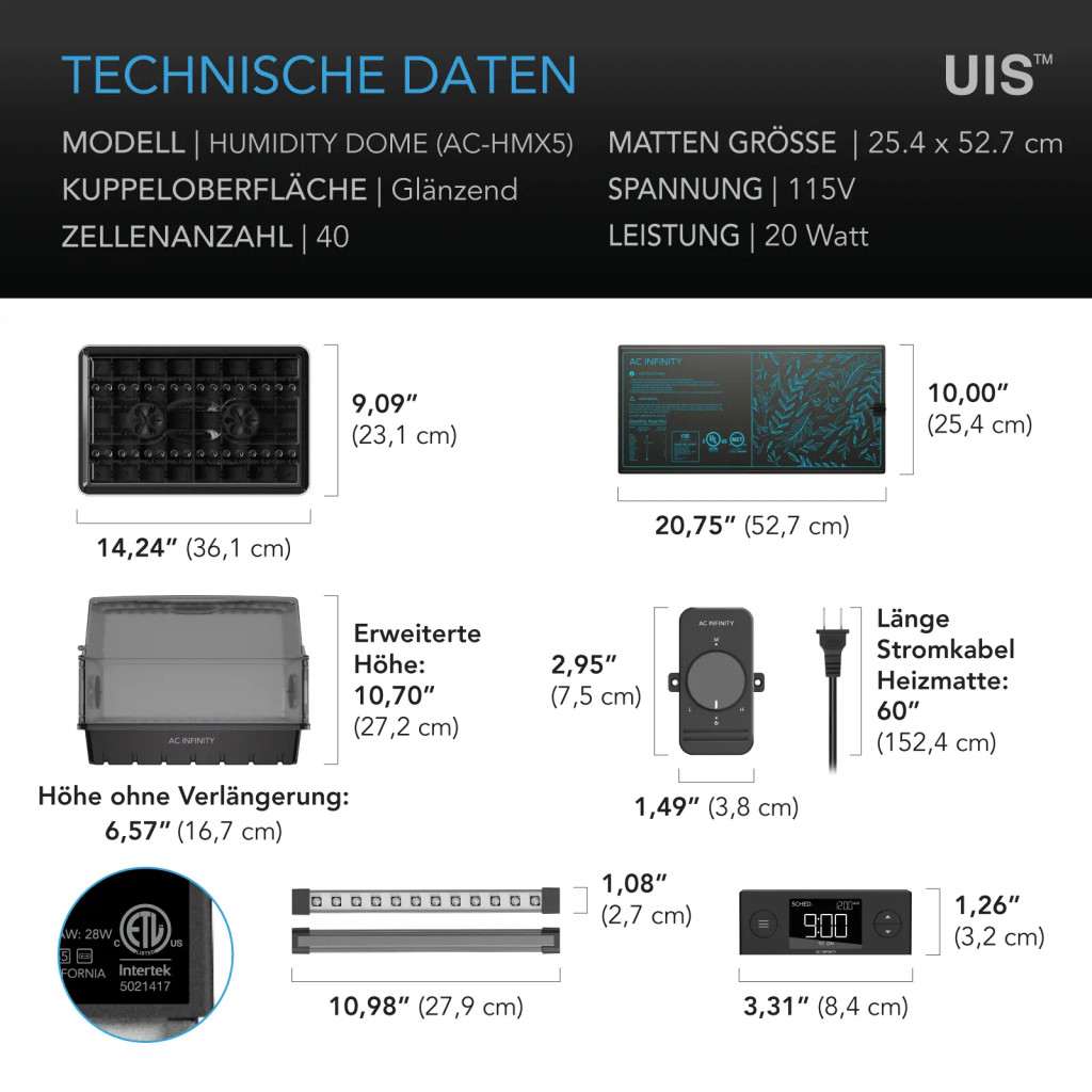 Stecklings-Gewächshaus mit Höhenverlängerung, mit Samsung LM301H EVO LED-Beleuchtung, Heizmatte 5x8-Tablett