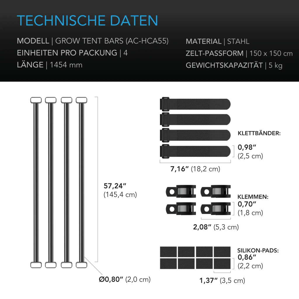 Schwerlast-Grow-Zelt-Montagestangen 150x150 cm, High Airflow CFM Kit Verhindert Einziehen der Wände, Trellis- und Zusatzbeleuchtungs-Montage für alle 150x150 cm Indoor-Grow-Zelte