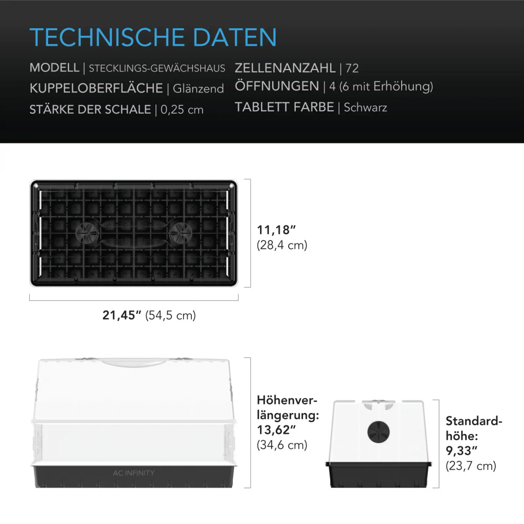 Stecklings-Gewächshaus mit Höhenverlängerung, 3mm dicke klare Kuppel, 6x12 Tablett