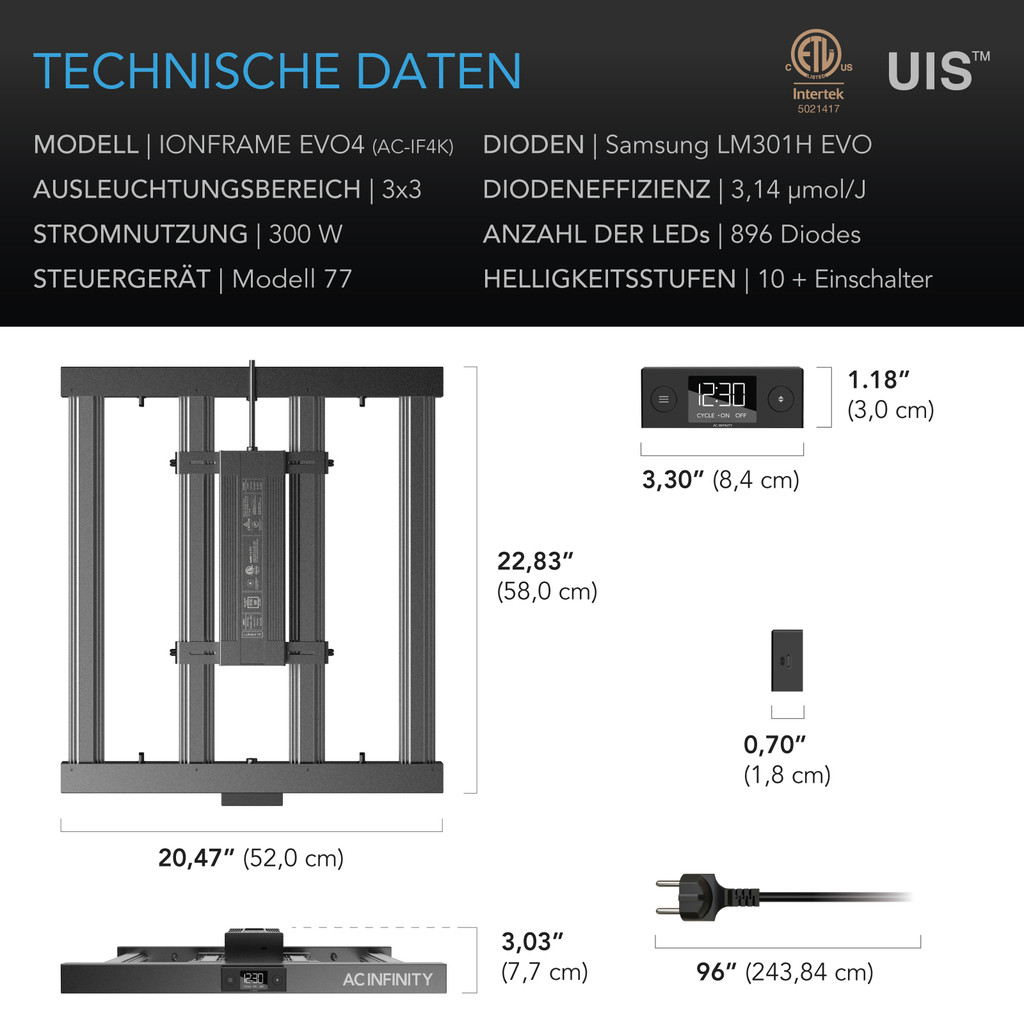 IONFRAME EVO4, Samsung LM301H EVO LED Grow Light, 300 W, 90 x 90 cm