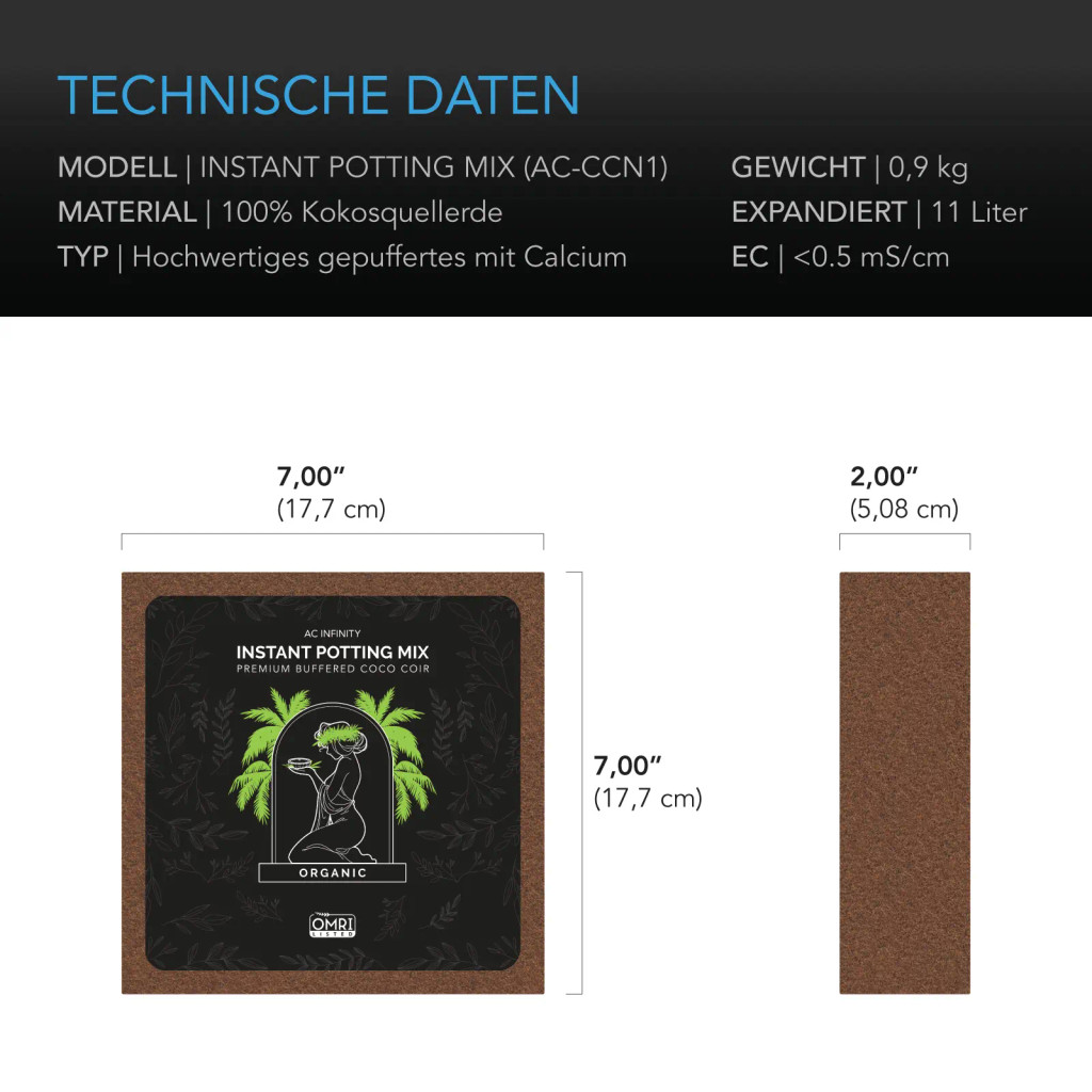 Kokossubstrat, 0,9 kg Premium gepufferter Kokos-Substrat-Block, Kokosnuss-Kompost als Anzuchterde OMRI-zertifiziert, niedriger EC- und pH-Wert für Hydroponik-Pflanzenanbau und Vermehrung