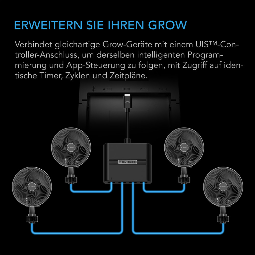 AC Infinity UIS Splitter Hub, 4-Port Adapter Dongle, Verbindungskabel zum Teilen der UIS-Programmierung für LED-Grow-Lampen, EC-Motor-Ventilatoren und Luftbefeuchter