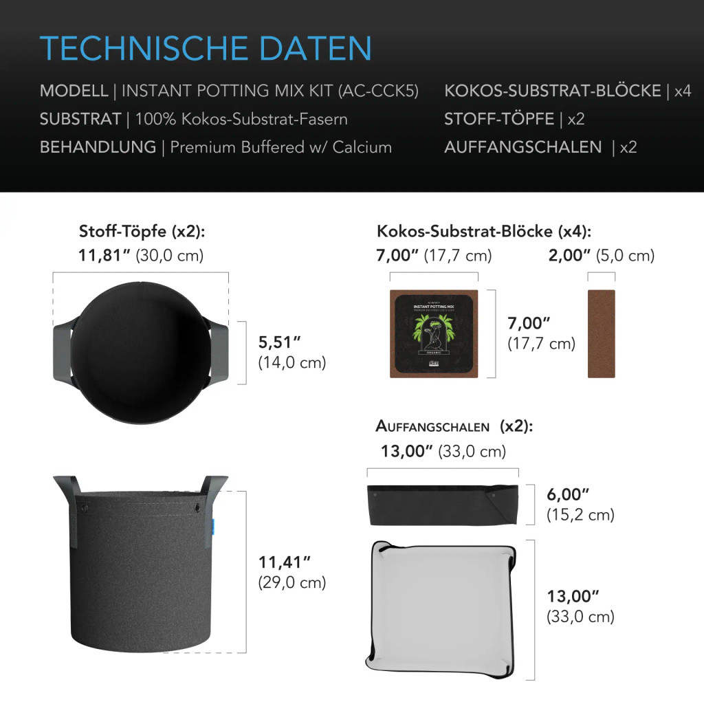 Kokossubstrat Kit, 2-Pflanzen Starter-Set mit premium gepufferten Kokos-Substrat-Blöcken, 19-Liter Stoff-Töpfen und wasserdichten Mehrzweck-Schalen, Grow-Zubehör-Kit für Samenkeimung