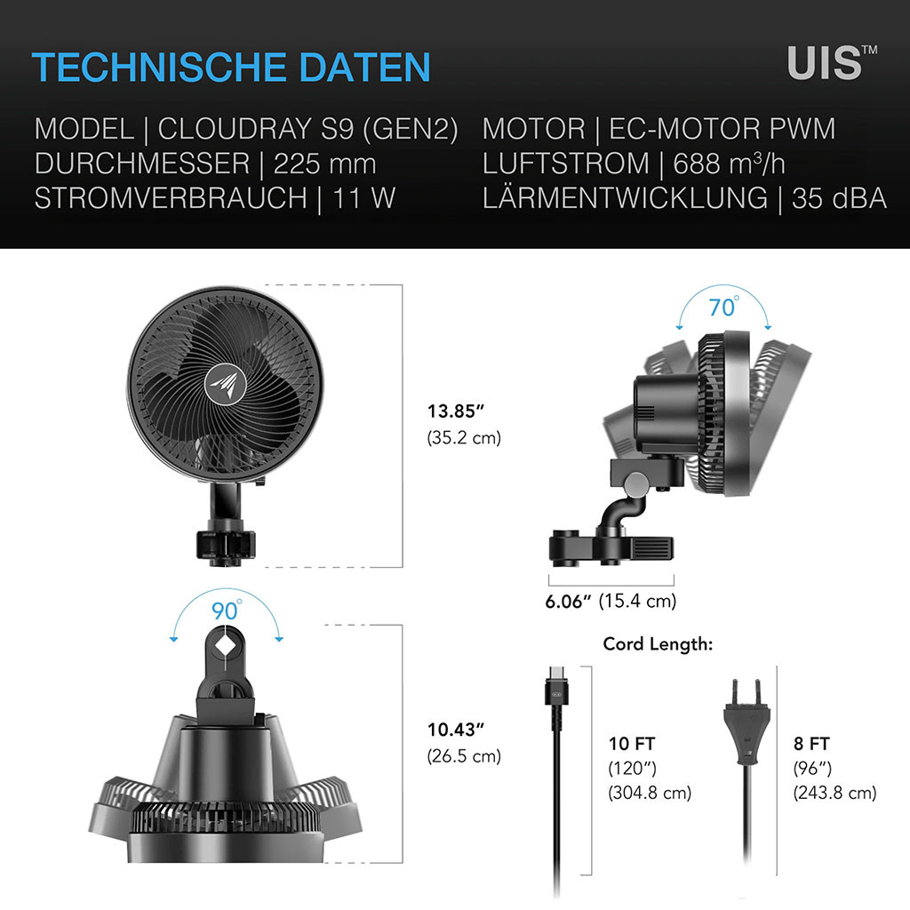 CLOUDRAY S9, 225 mm Growzelt-Clipventilator mit langlebigem EC-Motor, 10-stufigen dynamischen Windmodi und Geschwindigkeiten sowie 10-stufiger automatischer Oszillation