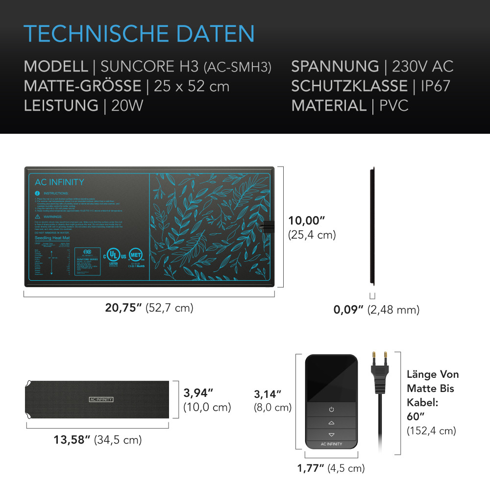 SUNCORE H3, Heizmatte für Keimlinge 25,4 cm x 52,7 cm mit Digitalanzeige-Controller für exakte Wärmeregelung, wasserdichte Heizmatte für Indoor Gardening, Hydrokultur, Keimung, Klonen