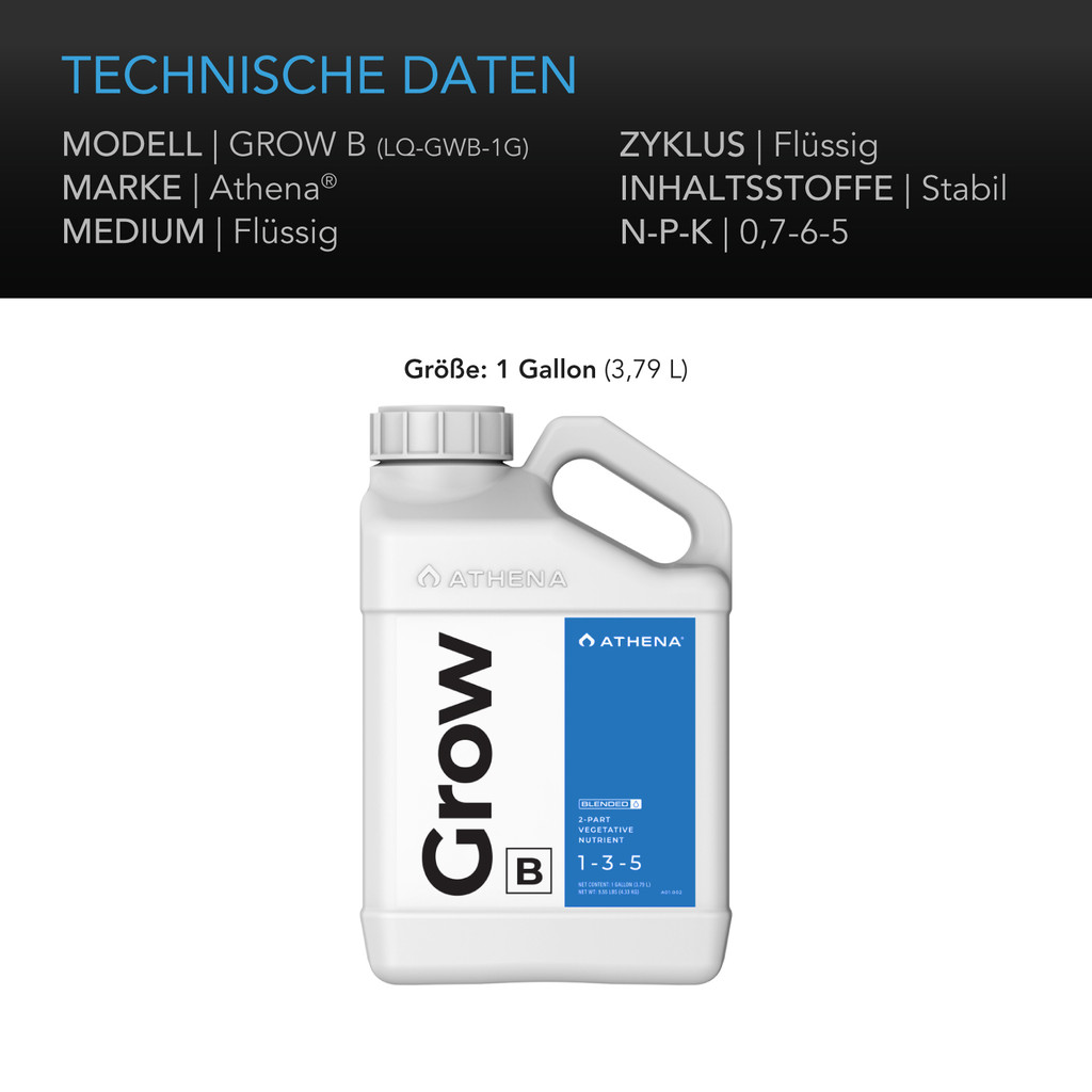 Athena Grow Part-B, Vegetativer Hydrokultur-Nährstoff - Ausgewogene Formel für kräftiges Pflanzenwachstum, 3,8 Liter