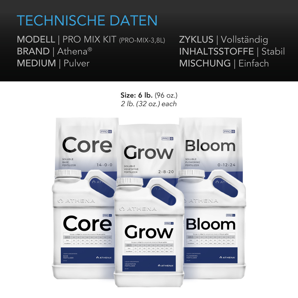Athena Pro Mix Kit - Konzentrierte komplette Hydrokultur-Düngerlösung - Pro Core, Pro Bloom, Pro Grow mit Mischkrug (1 kg)