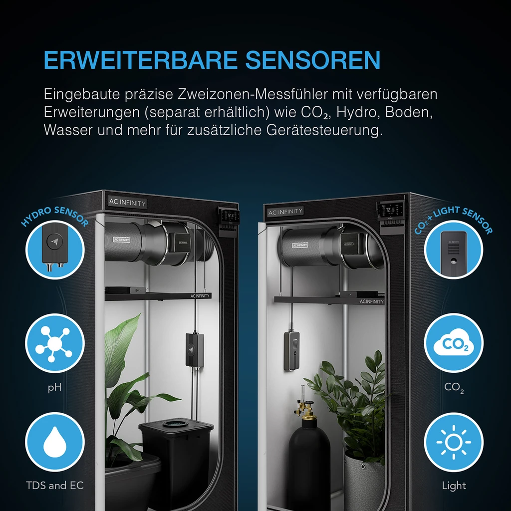 Komplettes 2-Pflanzen Grow Zelt System mit dynamischer KI-Steuerung. WiFi-integrierte Belüftung, Umluft, Full Spectrum EVO Lights und nachfüllbarer Filter.