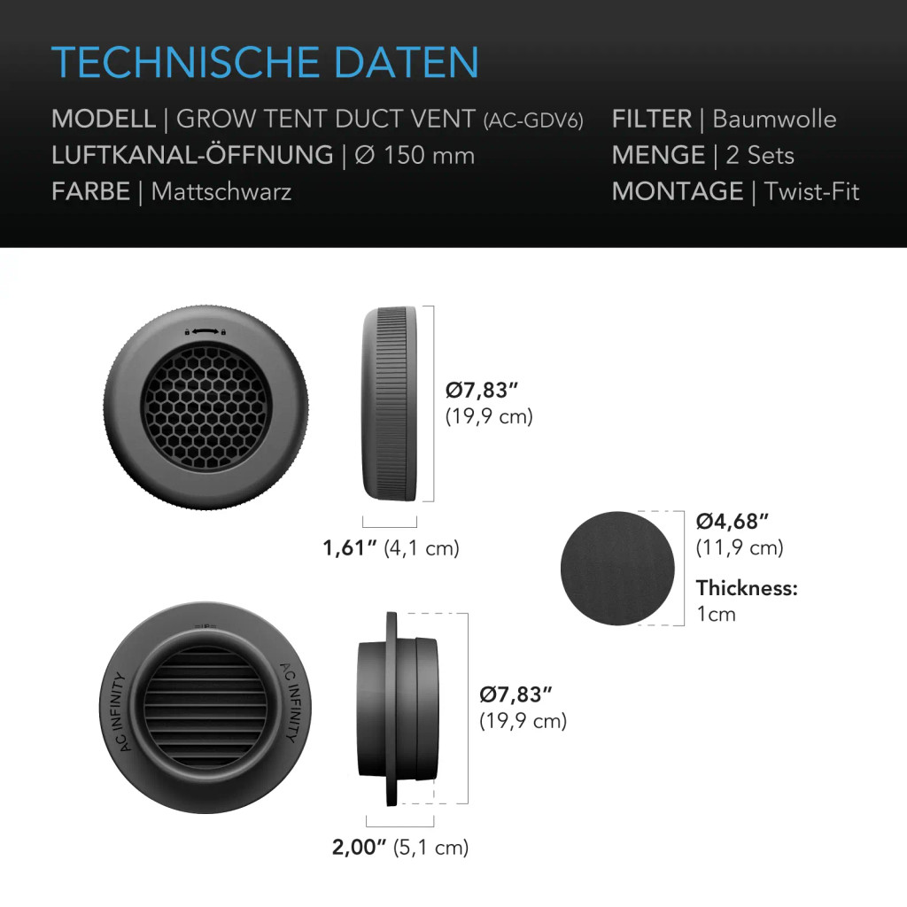 Grow-Zelt-Luftkanal-Belüfter, 2er-Pack – Lichtblockierende Twist-On-Luftauslässe mit integriertem Adapter, Insekten- & Staubfilter, Hoher Luftstrom, Passt auf Standard-150 mm-Luftkanal-Anschlüsse AC Infinity