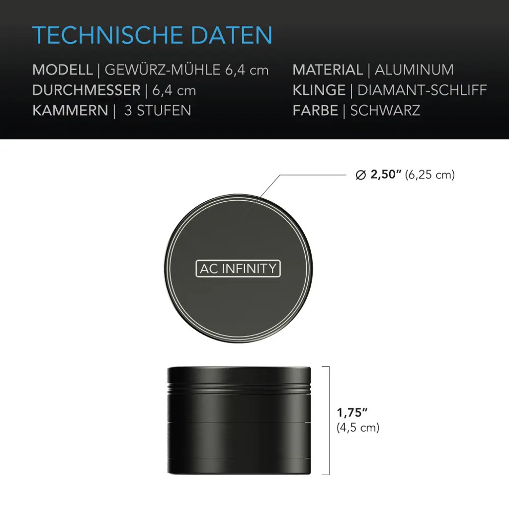 3‑Kammer Kräutermühle, schwarz, 6 cm – Aluminiumlegierung mit magnetischem Deckel und ultra‑scharfen Zähnen für fein gemahlene Kräuter und Gewürze