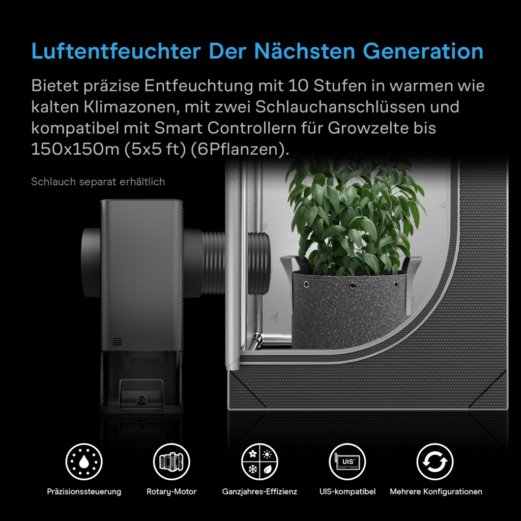 AC Infinity HYDRONE 5, Pflanzenentfeuchter mit 10-stufiger Regelung, funktioniert in allen Umgebungen, hochpräziser PWM-Motor, geräuscharmer Betrieb, vielseitige Dual-Kanalanschlüsse, für bis zu 150 x 150 cm große Zuchtzelte