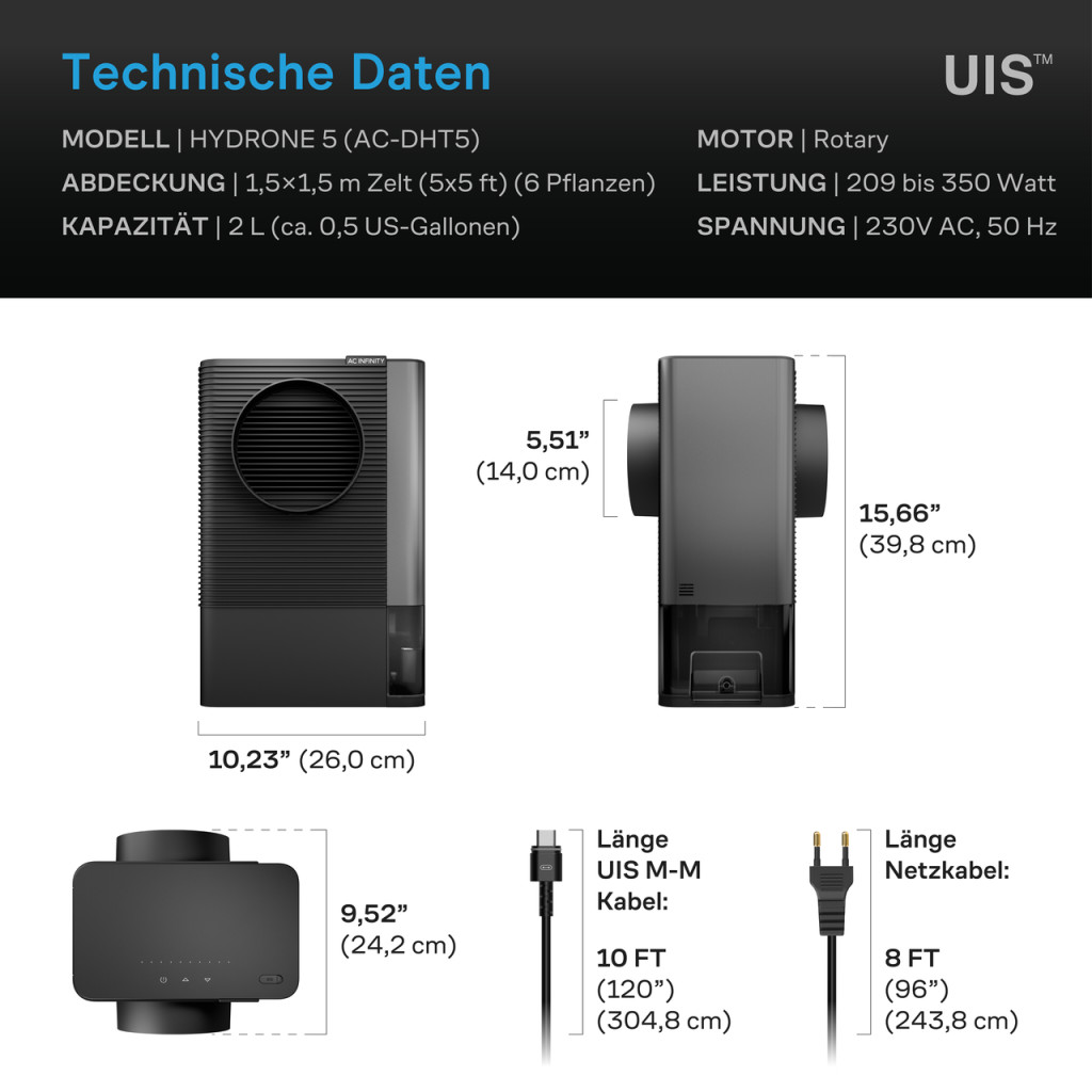 AC Infinity HYDRONE 5, Pflanzenentfeuchter mit 10-stufiger Regelung, funktioniert in allen Umgebungen, hochpräziser PWM-Motor, geräuscharmer Betrieb, vielseitige Dual-Kanalanschlüsse, für bis zu 150 x 150 cm m große Zuchtzelte