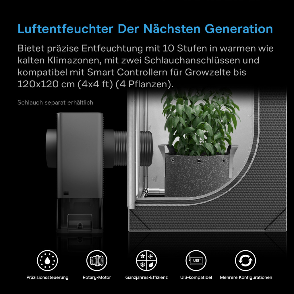 AC Infinity HYDRONE 5, Pflanzenentfeuchter mit 10-stufiger Regelung, funktioniert in allen Umgebungen, hochpräziser PWM-Motor, geräuscharmer Betrieb, vielseitige Dual-Kanalanschlüsse, für bis zu 150 x 150 cm große Zuchtzelte