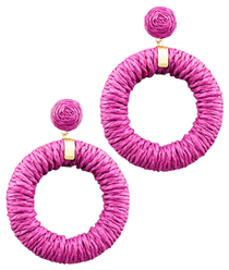 Raffia Circle Drop Earrings, Fuchsia Raffia Circle Drop Earrings, Fuchsia
