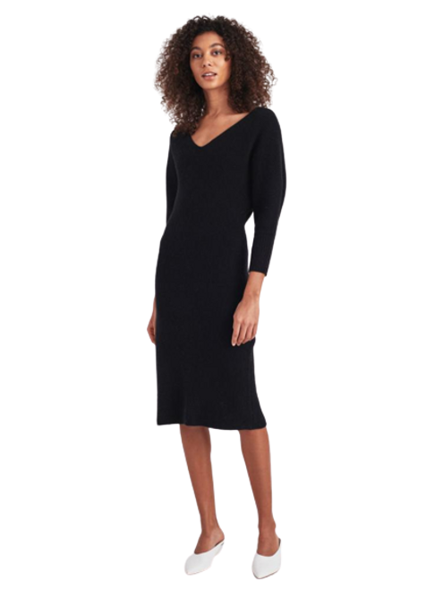 White + Warren Cashmere Ribbed V-Neck Dress, Black