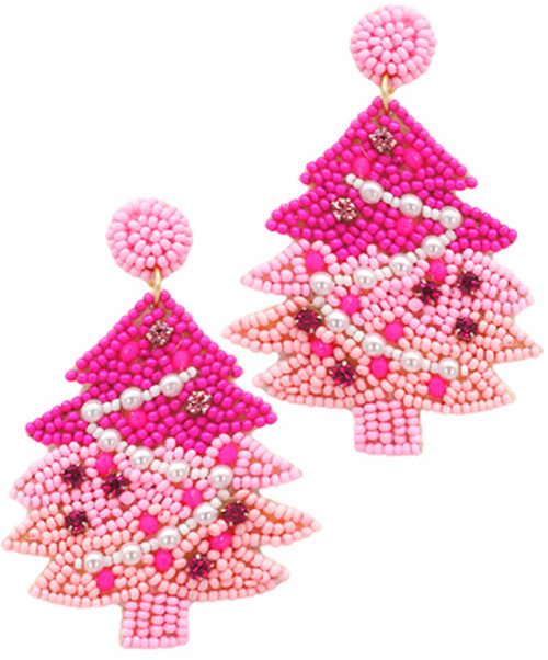 Christmas Tree String Lights Beaded Earrings, Pink