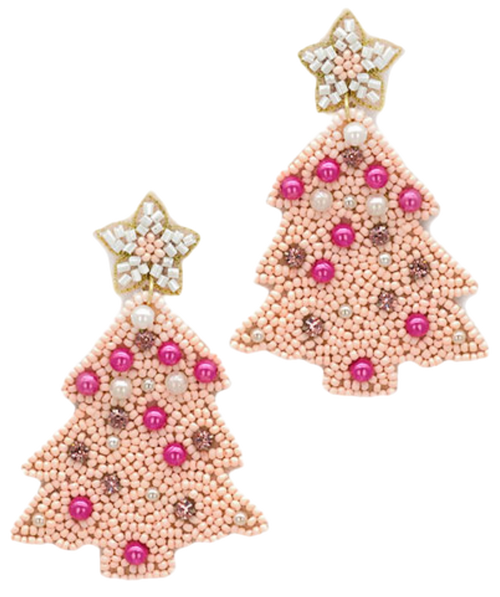 Pearl Christmas Tree Earrings, Pink