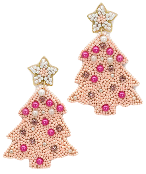 Pearl Christmas Tree Earrings, Pink