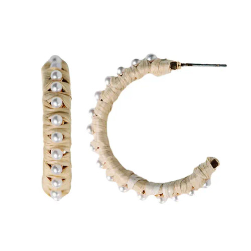 Pearl Studded Raffia Statement Hoop Earrings, Natural 