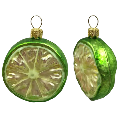 Polished Glass Ornament Set of 2, Slice of Lime Citrus Fruit