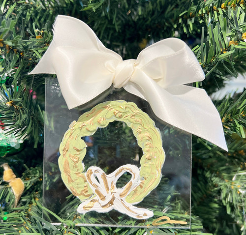 Hand Painted Acrylic Ornament, White Bow Wreath