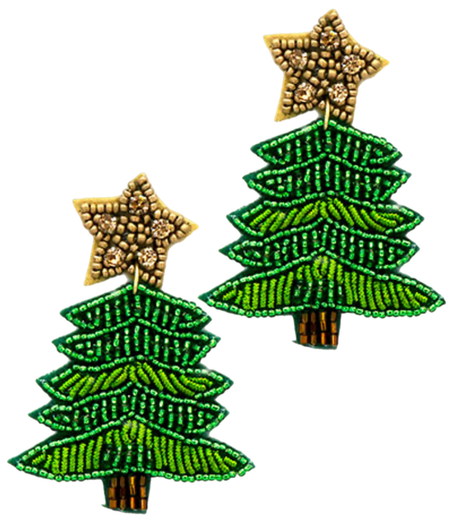 Beaded Christmas Star Tree Earrings, Green