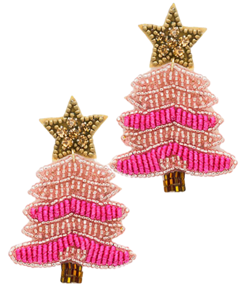 Beaded Christmas Star Tree Earrings, Pink