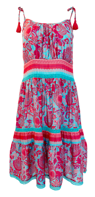 La Plage Edisto Dress, Floral Block Sky Blue Pink