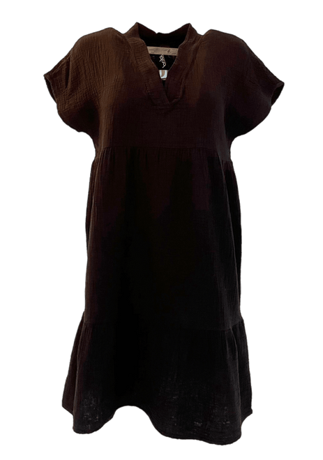 Bobi Tiered Short Sleeve V-Neck Dress, Black