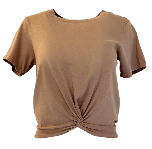 Bobi Knot Hem Short Sleeve Crop Crewneck Tee, Hazelnut