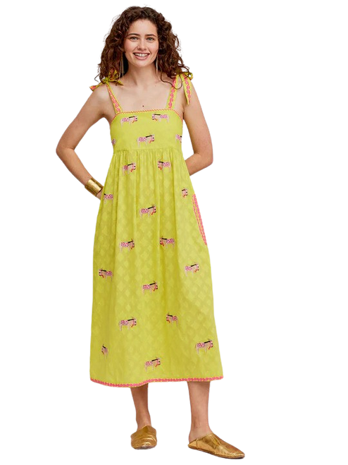 Nimo With Love Agate Dress, Lime Jacquard Donkey Embroidery 