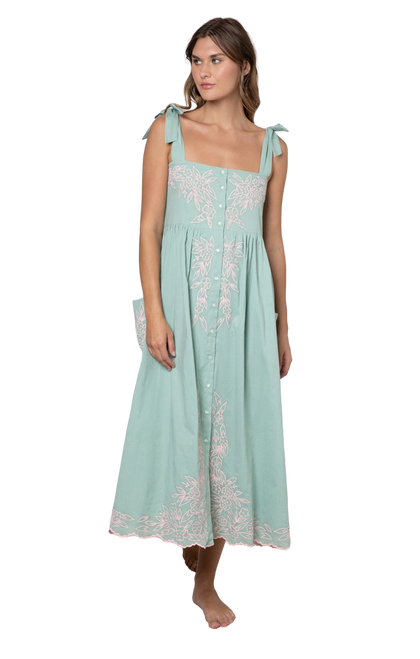 Juliet Dunn Tie Shoulder Dress, Flower Embroidery Sage Candy