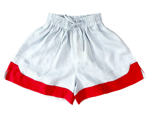 LJC Lennox Linen Shorts, Pale Blue Red Trim