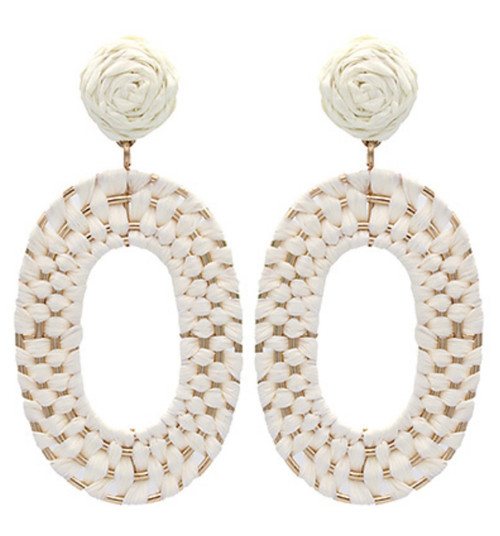 Raffia Braided Oval Drop Earrings, Ivory