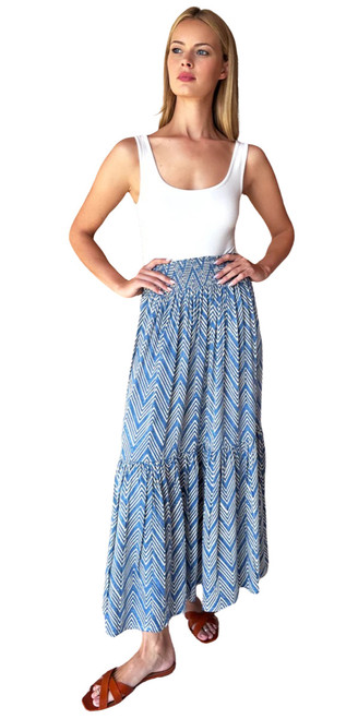 Emerson Fry Shirred Skirt, Indigo Herringbone