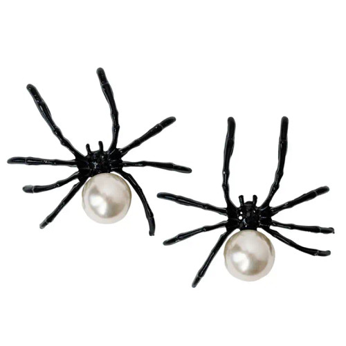 Spooky Spider and Pearl Halloween Statement Earrings, Black