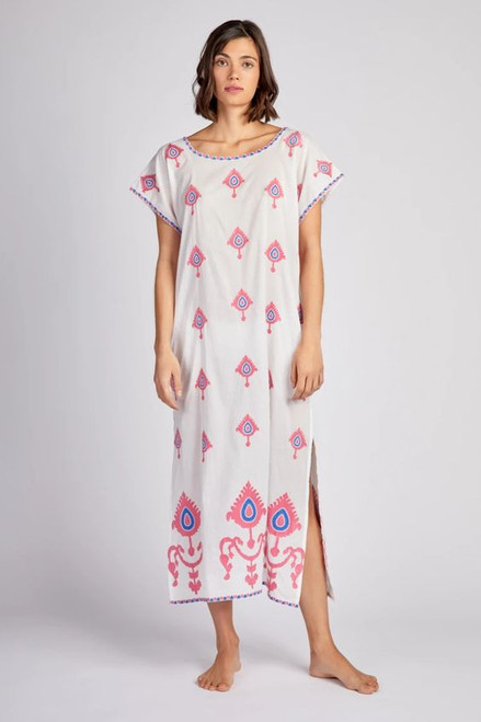 Nimo With Love Malachite Kaftan, Ikat Embroidery Pink